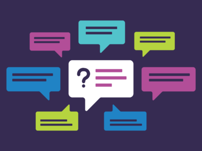 “Illustration of colorful speech bubbles surrounding a central white bubble with a question mark, representing dialogue and inquiry.